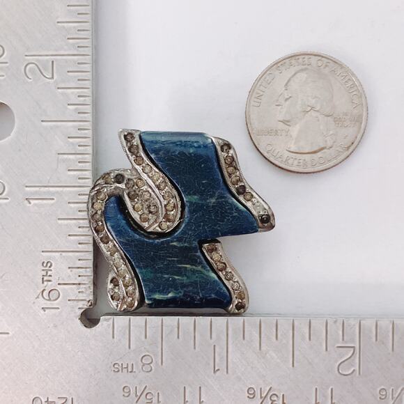 Vintage 1930s Art Deco Silver Tone Brooch w Rhinestones & Blue Galalith - Picture 10 of 14
